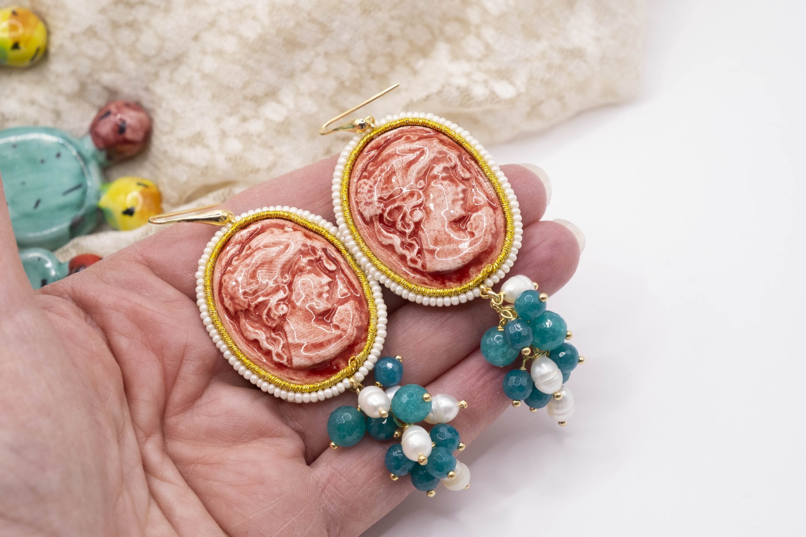 ORECCHINI CAMMEO GIADA TIFFANY PERLE ARGENTO CERAMICA DI CALTAGIRONE SICILIANI (1)