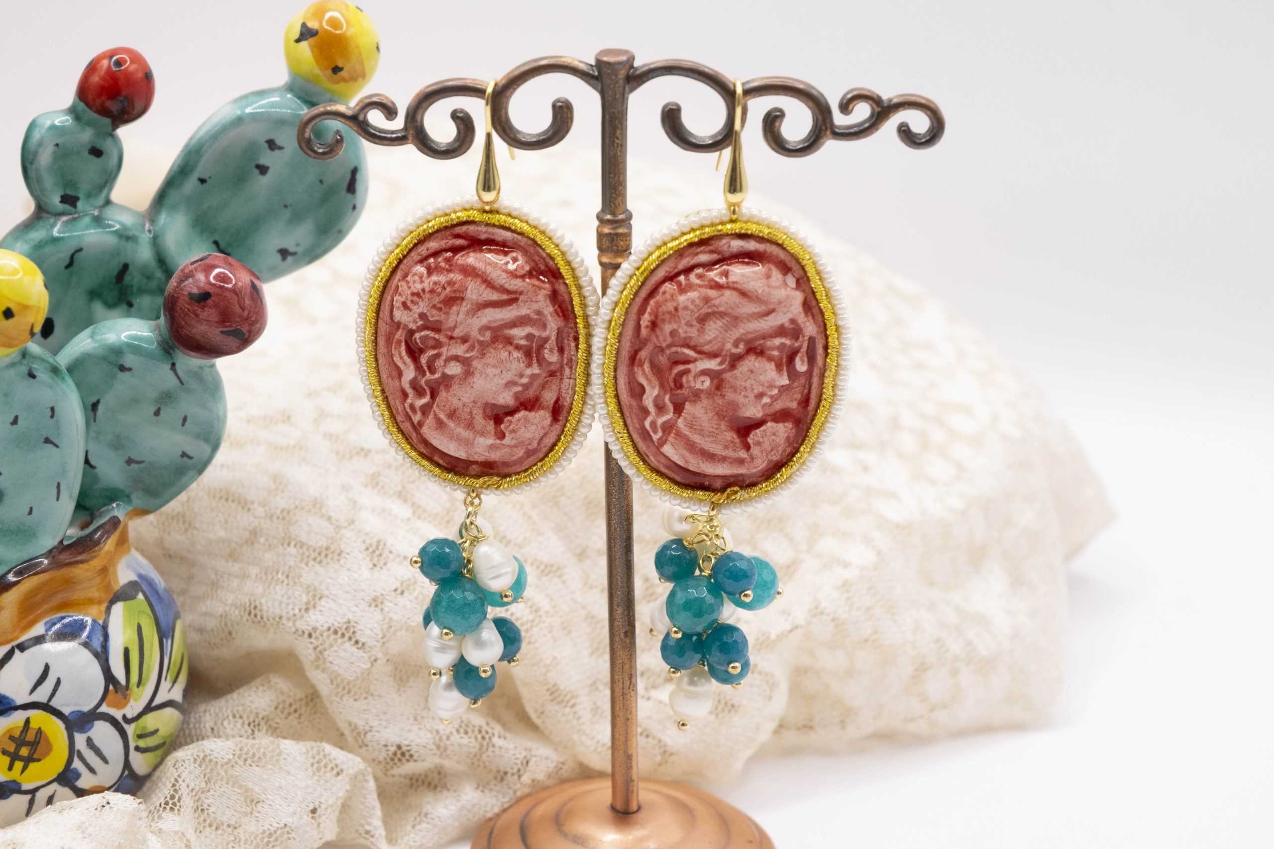 ORECCHINI CAMMEO GIADA TIFFANY PERLE ARGENTO CERAMICA DI CALTAGIRONE SICILIANI (2)