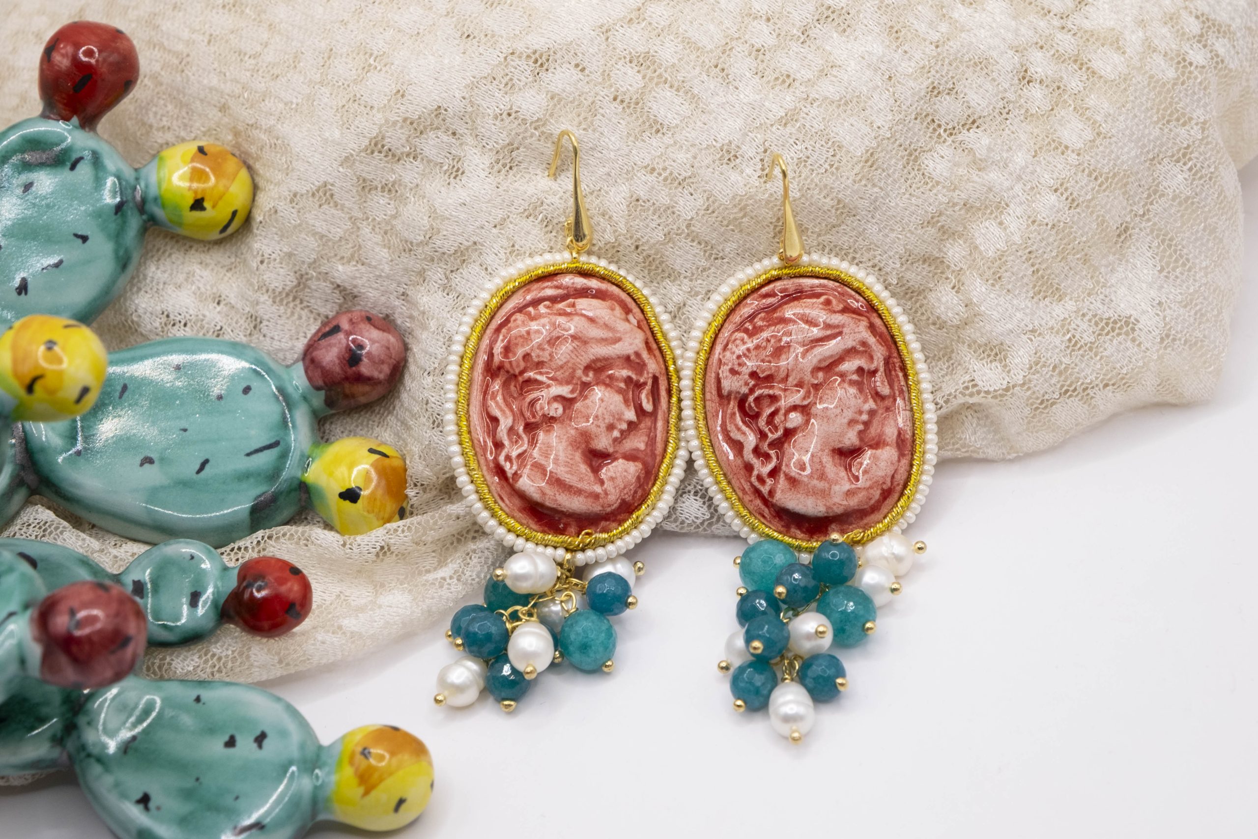 ORECCHINI CAMMEO GIADA TIFFANY PERLE ARGENTO CERAMICA DI CALTAGIRONE SICILIANI (3)