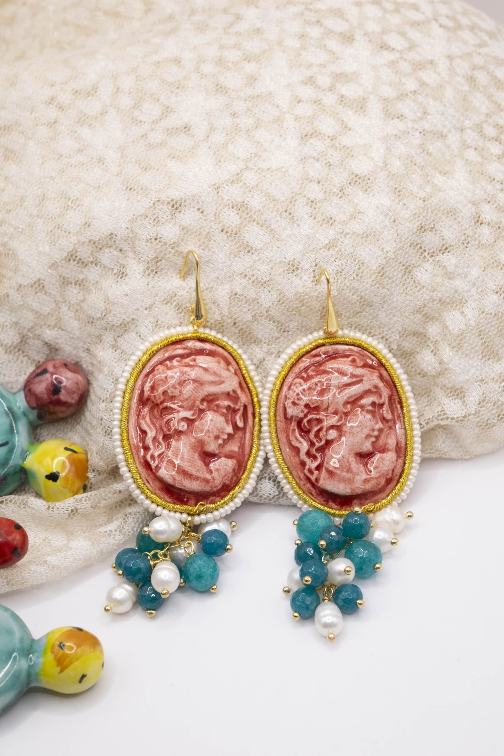 ORECCHINI CAMMEO GIADA TIFFANY PERLE ARGENTO CERAMICA DI CALTAGIRONE SICILIANI (4)