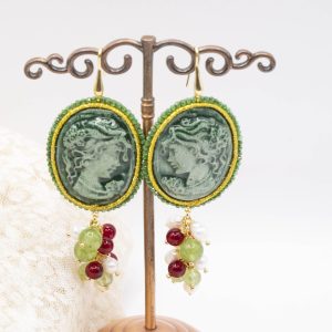 Orecchini Cammeo Ceramica di Caltagirone Giada Verde Borgogna Perle