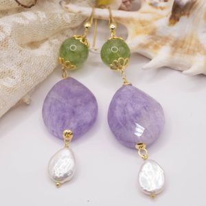 Orecchini Pendentissimi Ametista Giada Perle Naturali Argento Dorato