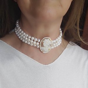 Collana 3 fili perle naturali Strangolino paricollo choker Cammeo argento 36-38