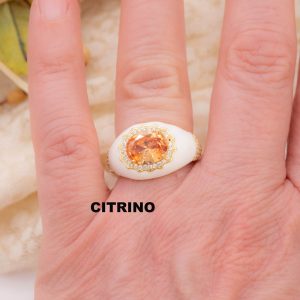 Anello Smalto Panna Zirconi Argento 925 Placcato Oro Citrino
