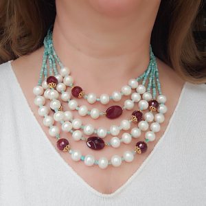 Collana Multifilo Perle Naturali Amazzonite e Giada Borgogna