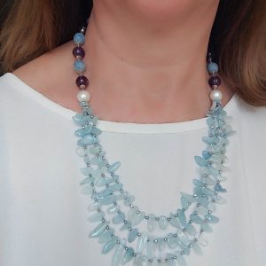 Collana Multifilo Perle Naturali Aquamarina e Ametista