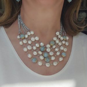 Collana Multifilo Perle Naturali Acquamarina Ematite Argento