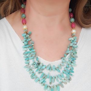 Collana Multifilo Amazzonite Giada Fucsia Perle e Argento