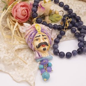 Collana Testa di Moro in Ceramica con Occhio di Gatto Viola