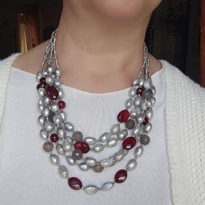 Collana Multifilo Perle Grigie Naturali Quarzo Grigio Giada Borgogna Ematite Argento
