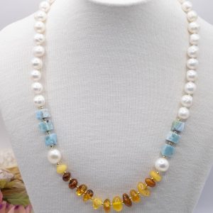 Collana Perle Larimar Ambra Argento Dorato V5