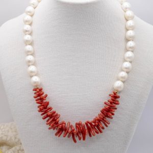 Collana corallo rosso del Mediterraneo e Perle Naturali TQ Argento