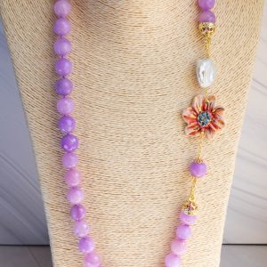 Collana Siciliana Fiore in Ceramica con Kunzite Lavanda e Perle