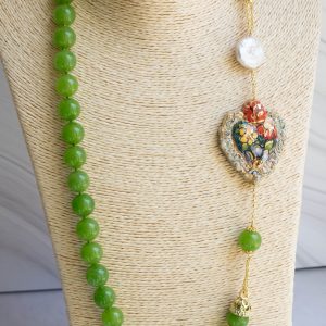 Collana Décolleté Sacro Cuore in Ceramica Perla e Giada Verde
