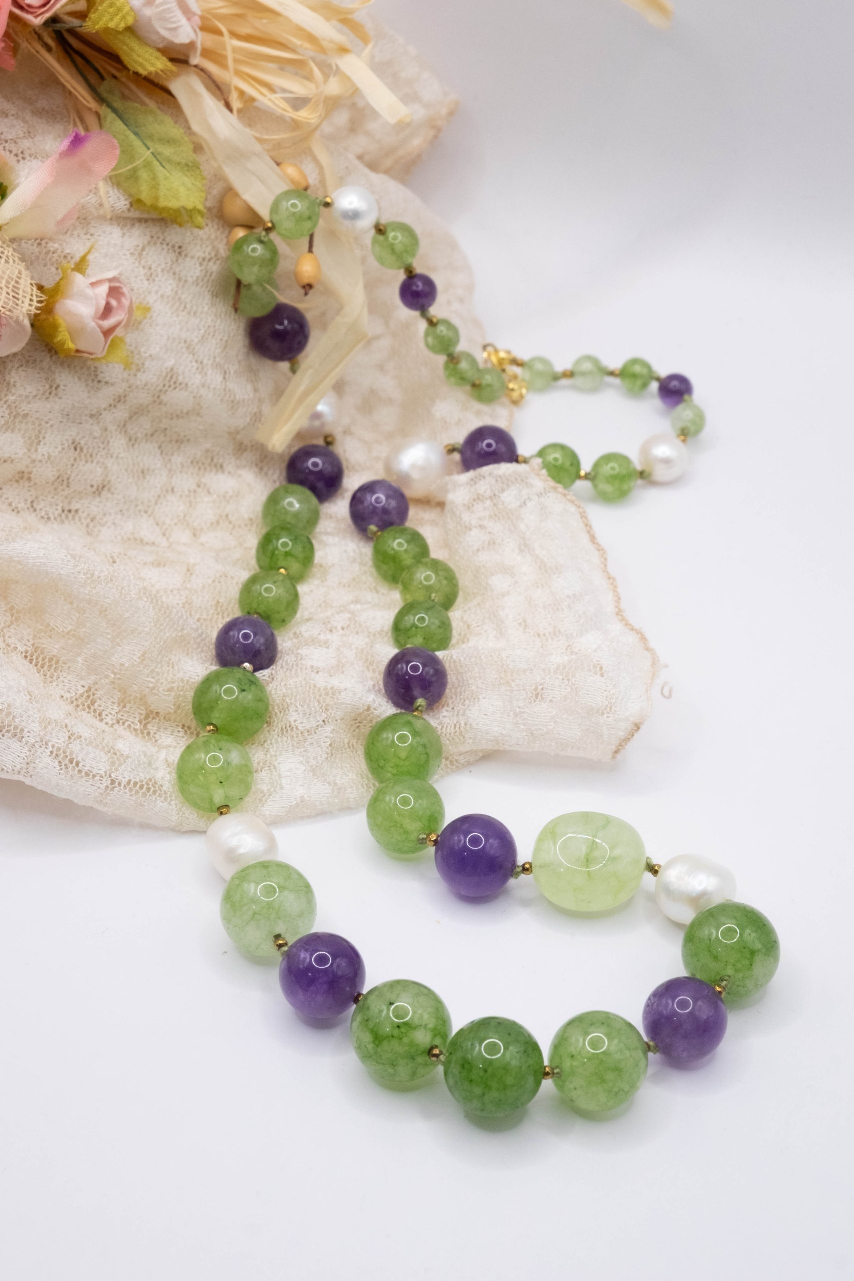 Green Jade Amethyst Pearls and Silver Choker Necklace (3)