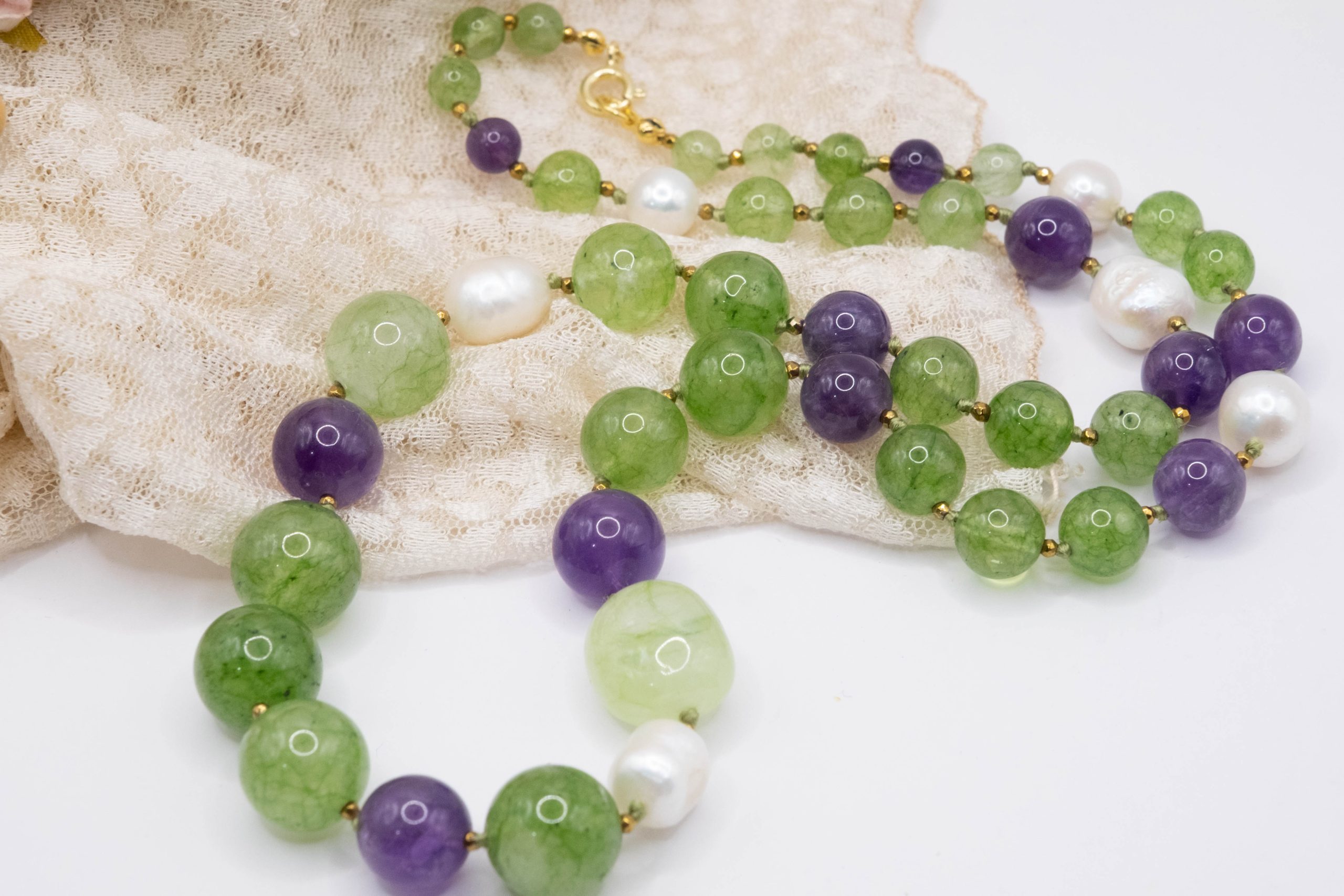 Green Jade Amethyst Pearls and Silver Choker Necklace (4)