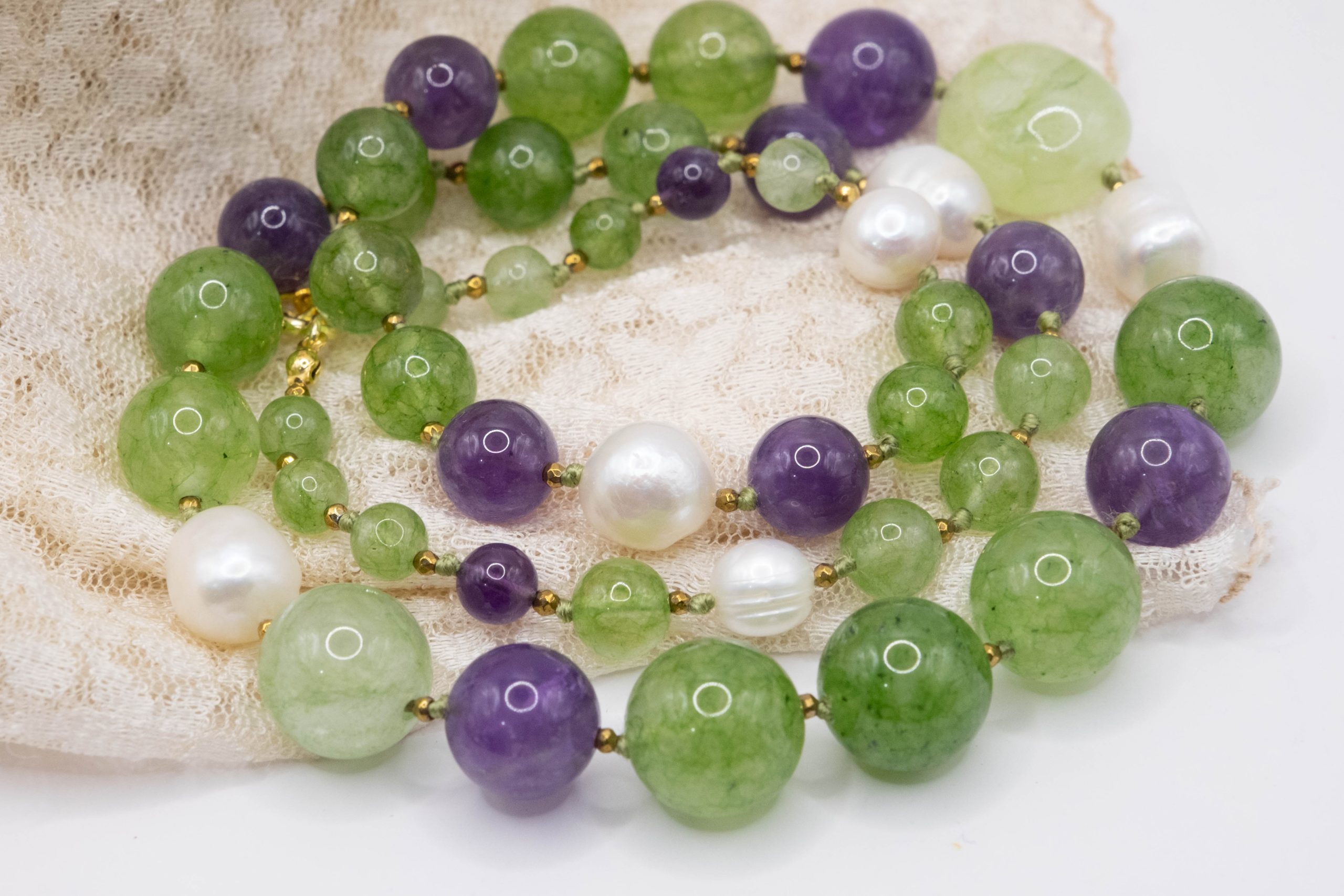 Green Jade Amethyst Pearls and Silver Choker Necklace (5)