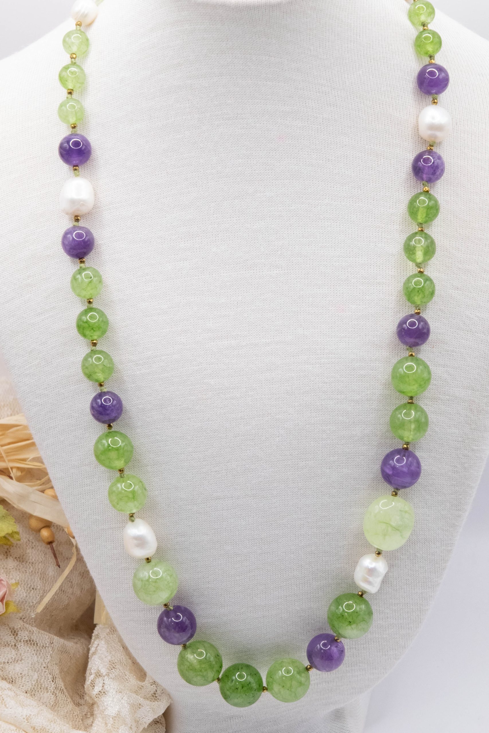 Green Jade Amethyst Pearls and Silver Choker Necklace (6)