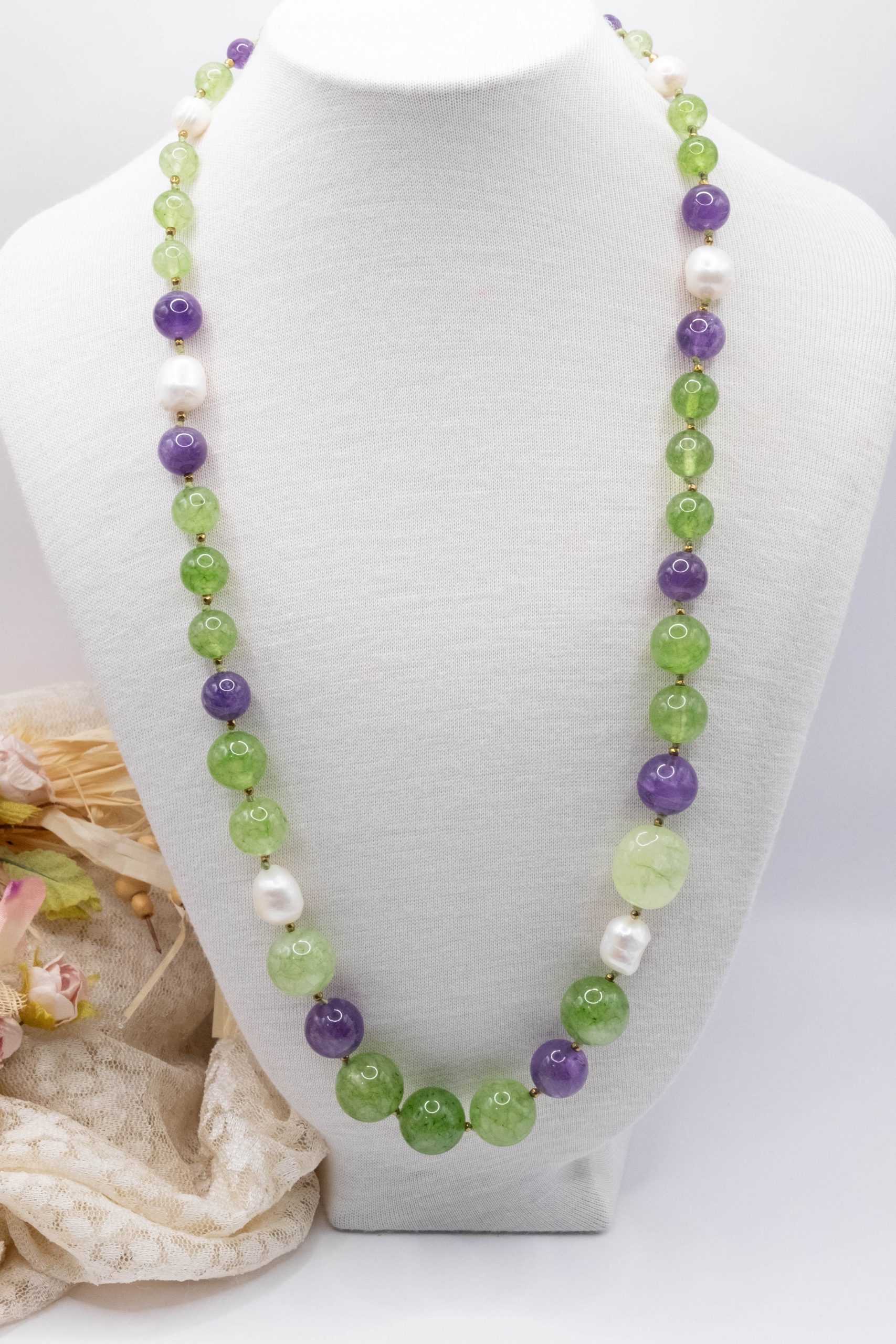 Green Jade Amethyst Pearls and Silver Choker Necklace (7)