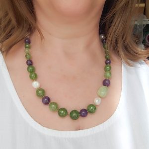 Collana Girocollo Giada Verde Ametista Perle e Argento