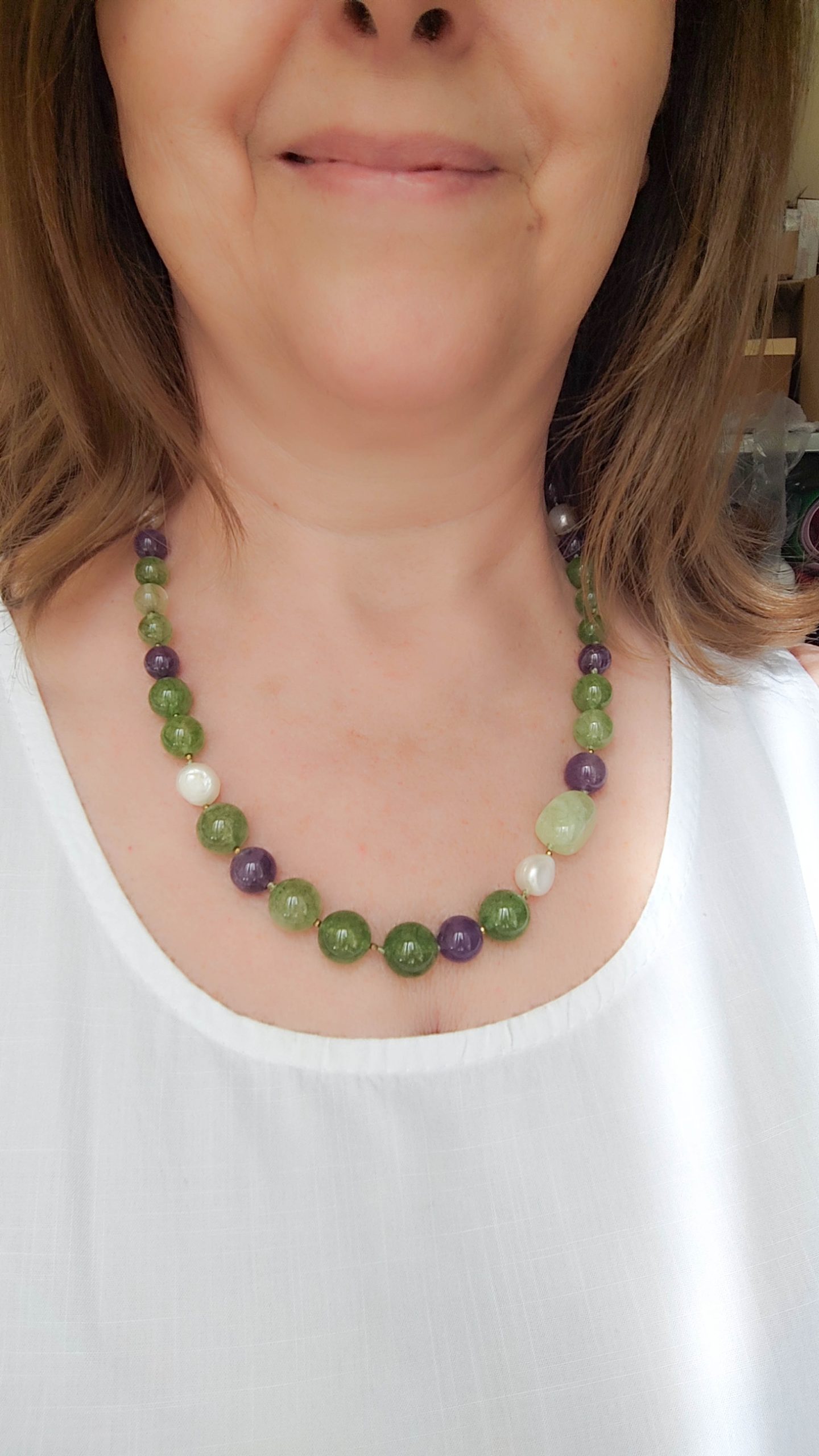 Green Jade Amethyst Pearls and Silver Choker Necklace