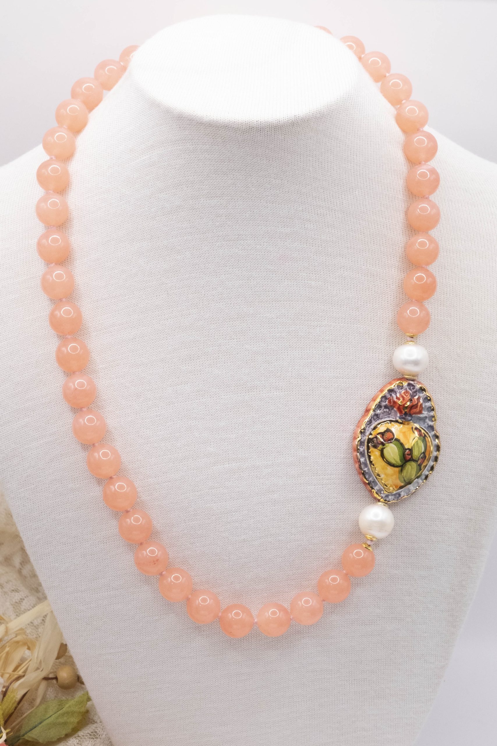 Art 100 Collana In Giada Gialla Naturale Con Orecchini In Argento T