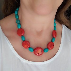 Collana Girocollo Turchese e Corallo Bamboo Ovali