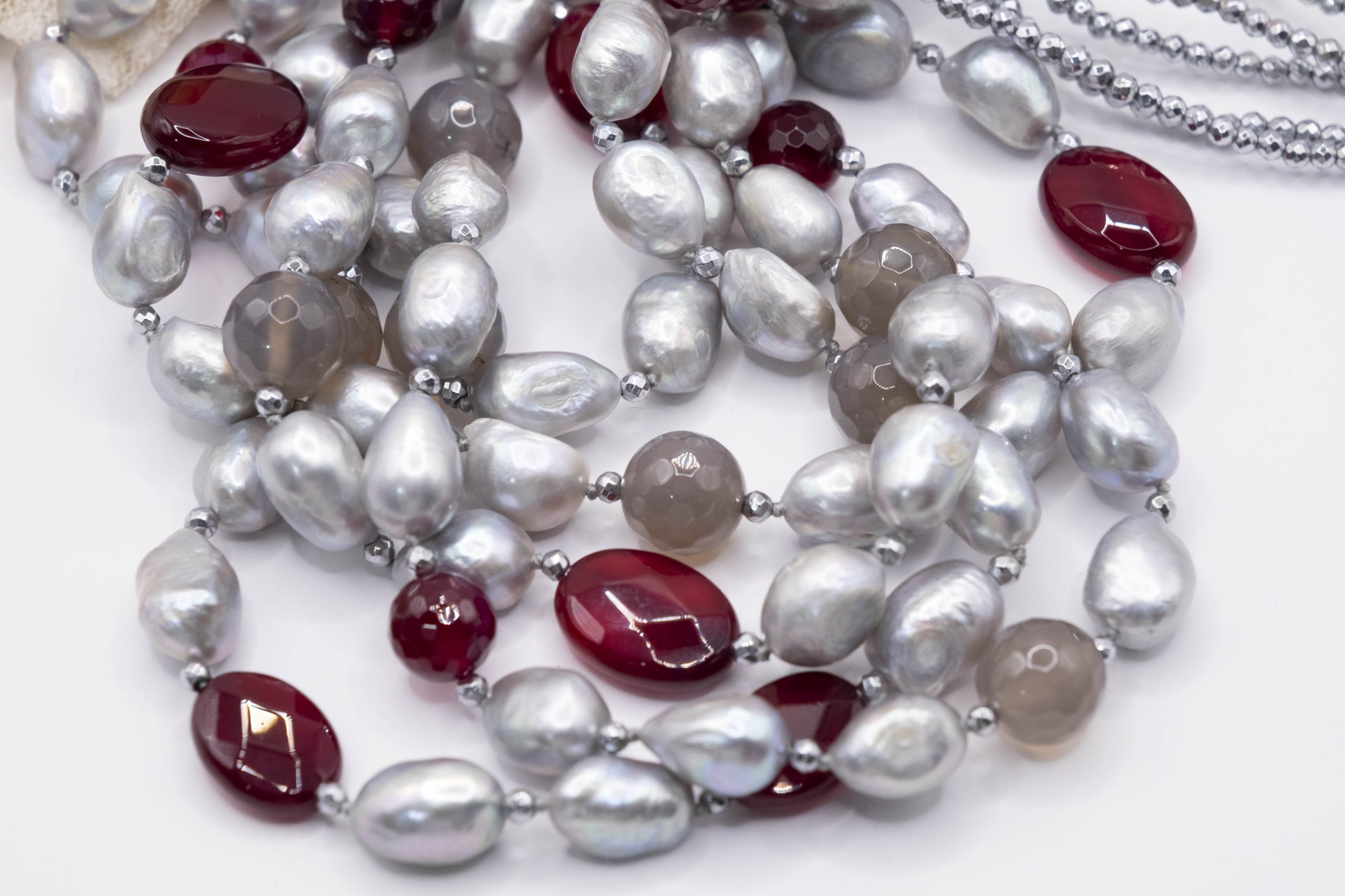 Collana Multifilo Perle Grigie Acquamarina Quarzo Ematite e Argento (1)