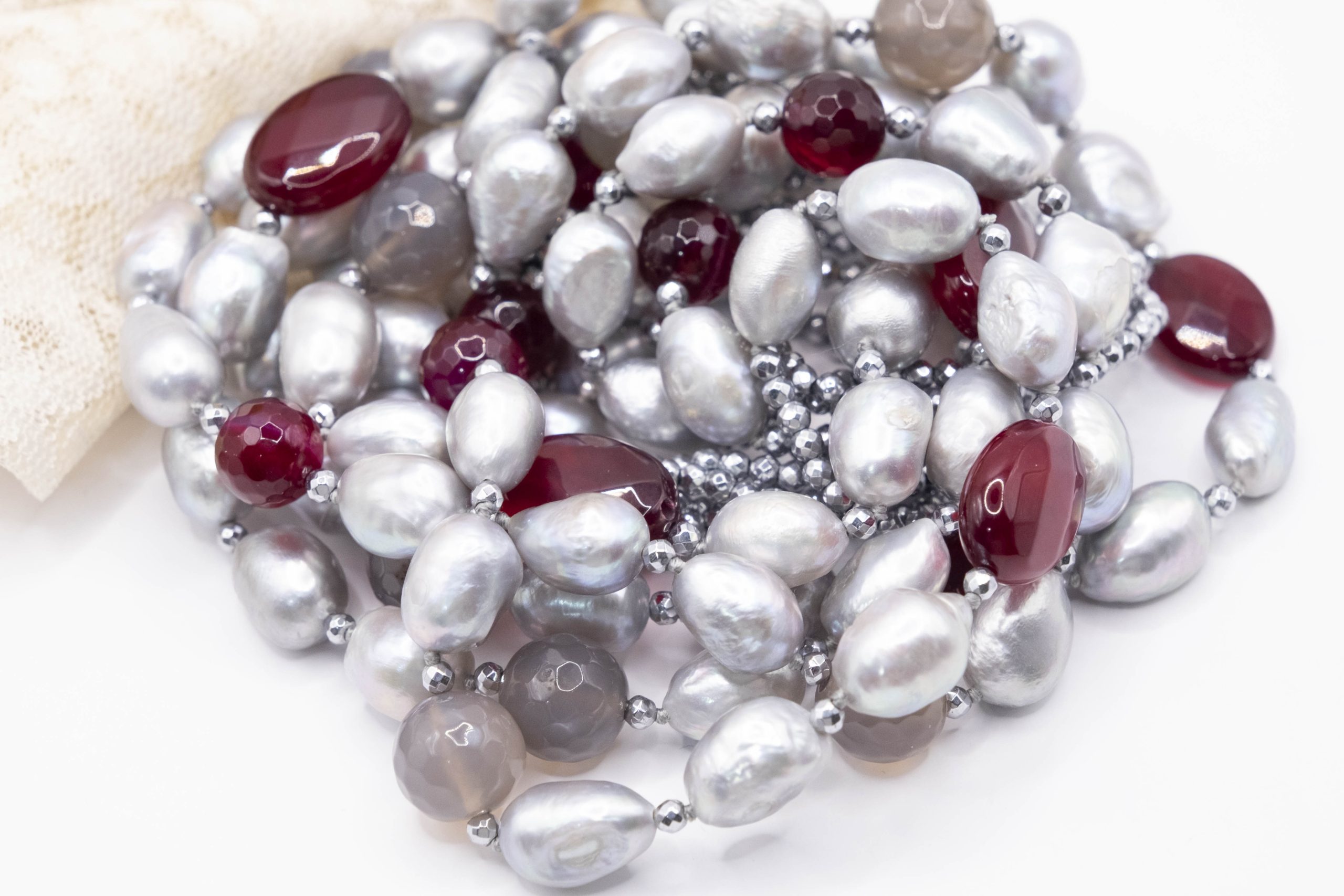 Collana Multifilo Perle Grigie Acquamarina Quarzo Ematite e Argento (2)