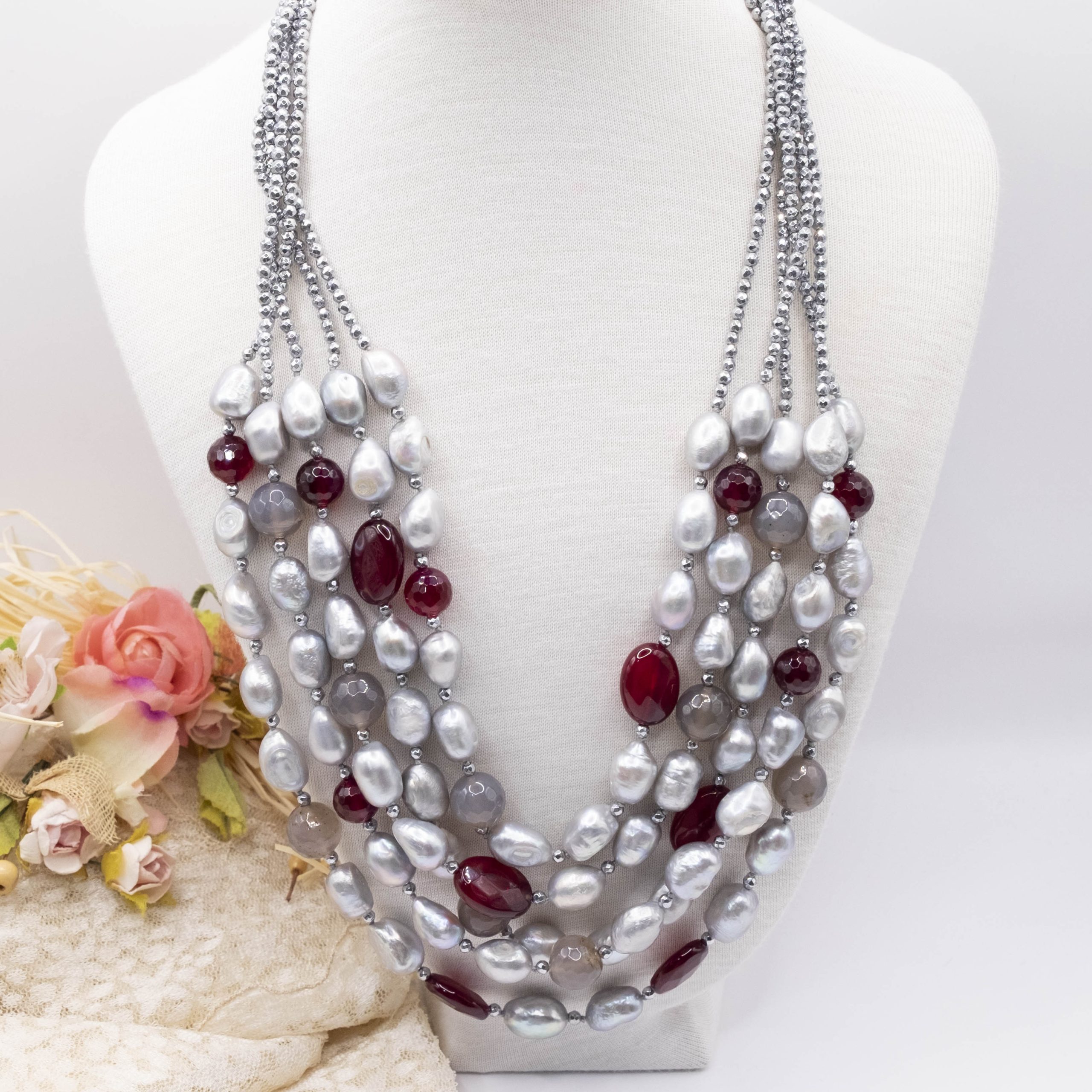 Collana Multifilo Perle Grigie Acquamarina Quarzo Ematite e Argento (3)