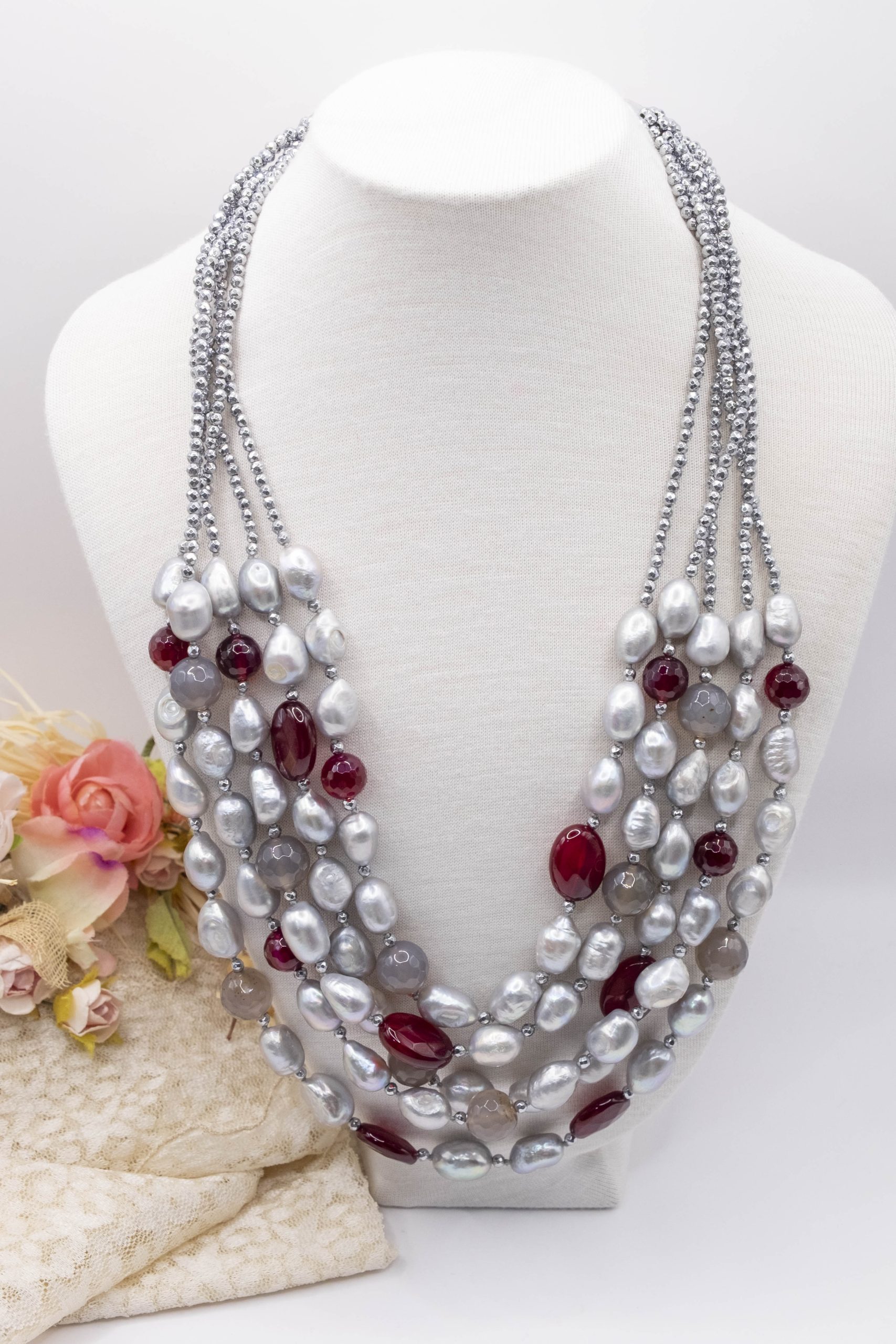 Collana Multifilo Perle Grigie Acquamarina Quarzo Ematite e Argento (4)