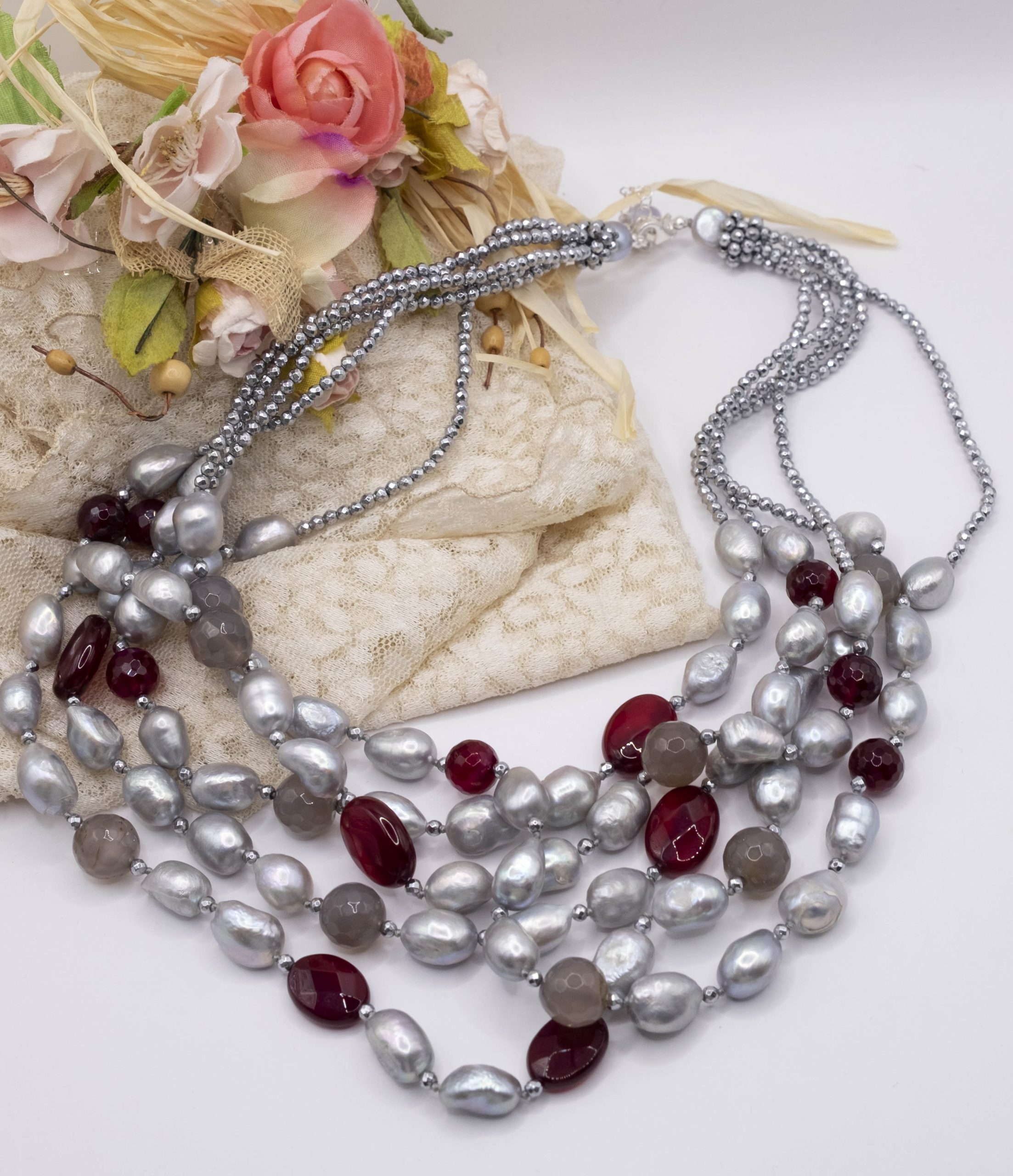 Collana Multifilo Perle Grigie Acquamarina Quarzo Ematite e Argento (5)