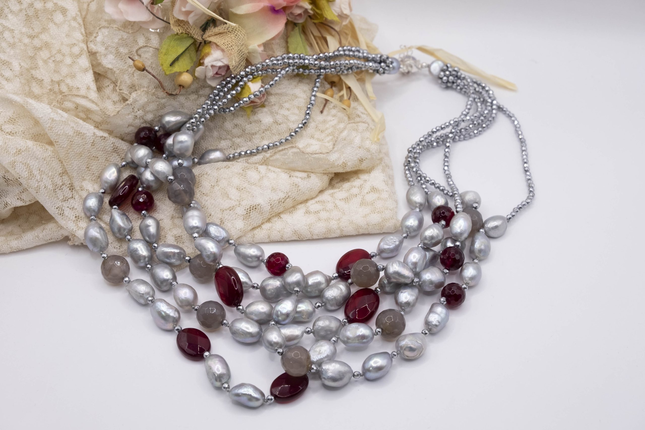 Collana Multifilo Perle Grigie Acquamarina Quarzo Ematite e Argento (6)