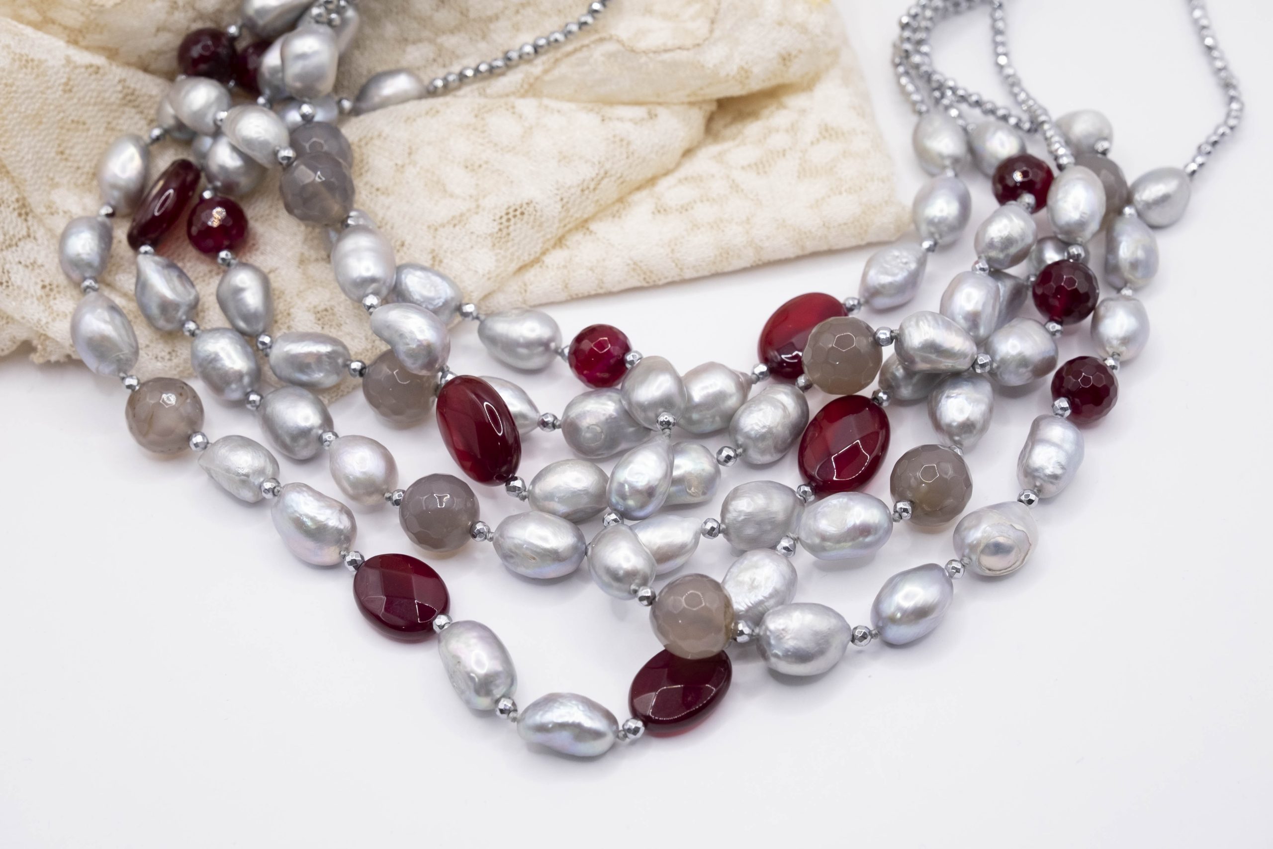 Collana Multifilo Perle Grigie Acquamarina Quarzo Ematite e Argento (7)