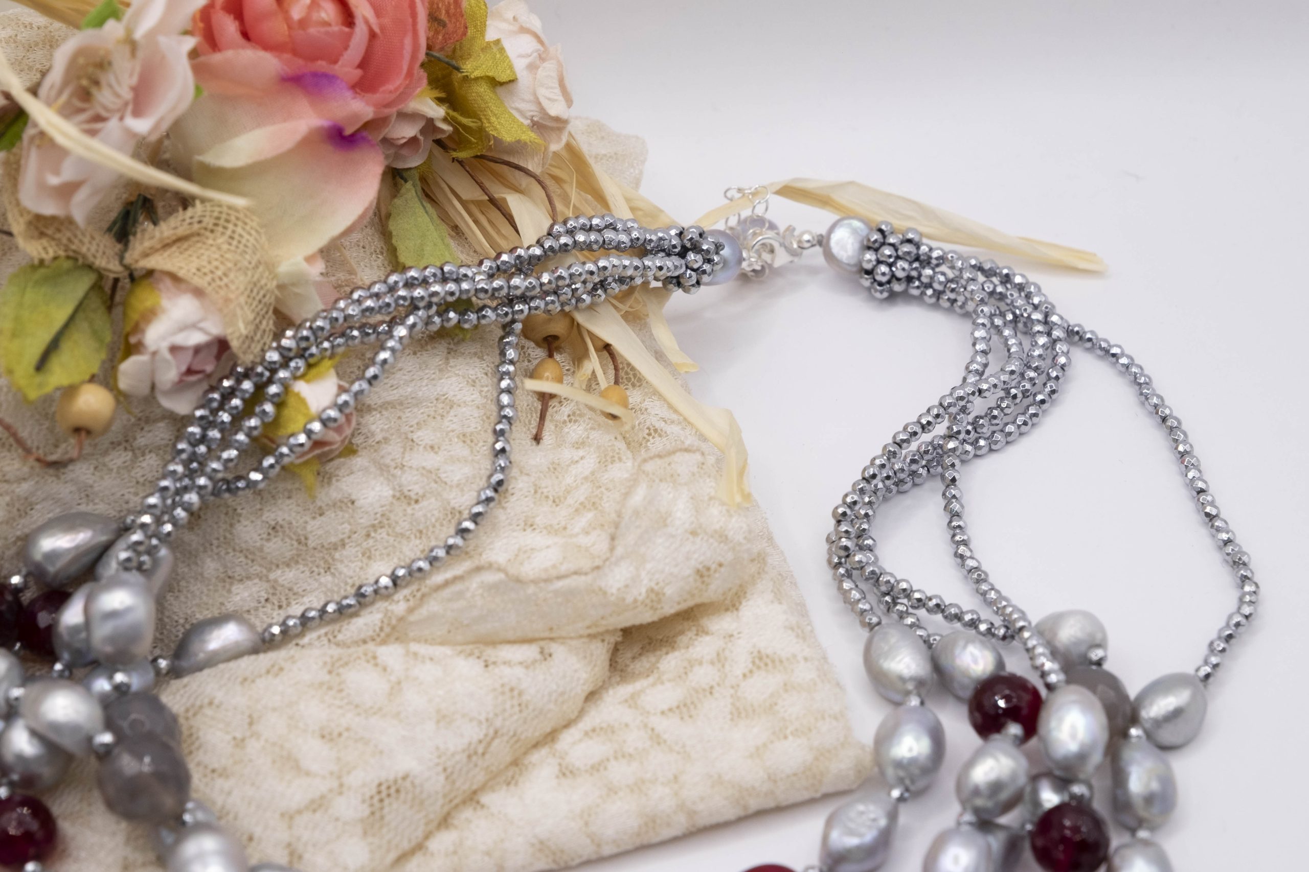 Collana Multifilo Perle Grigie Acquamarina Quarzo Ematite e Argento (8)