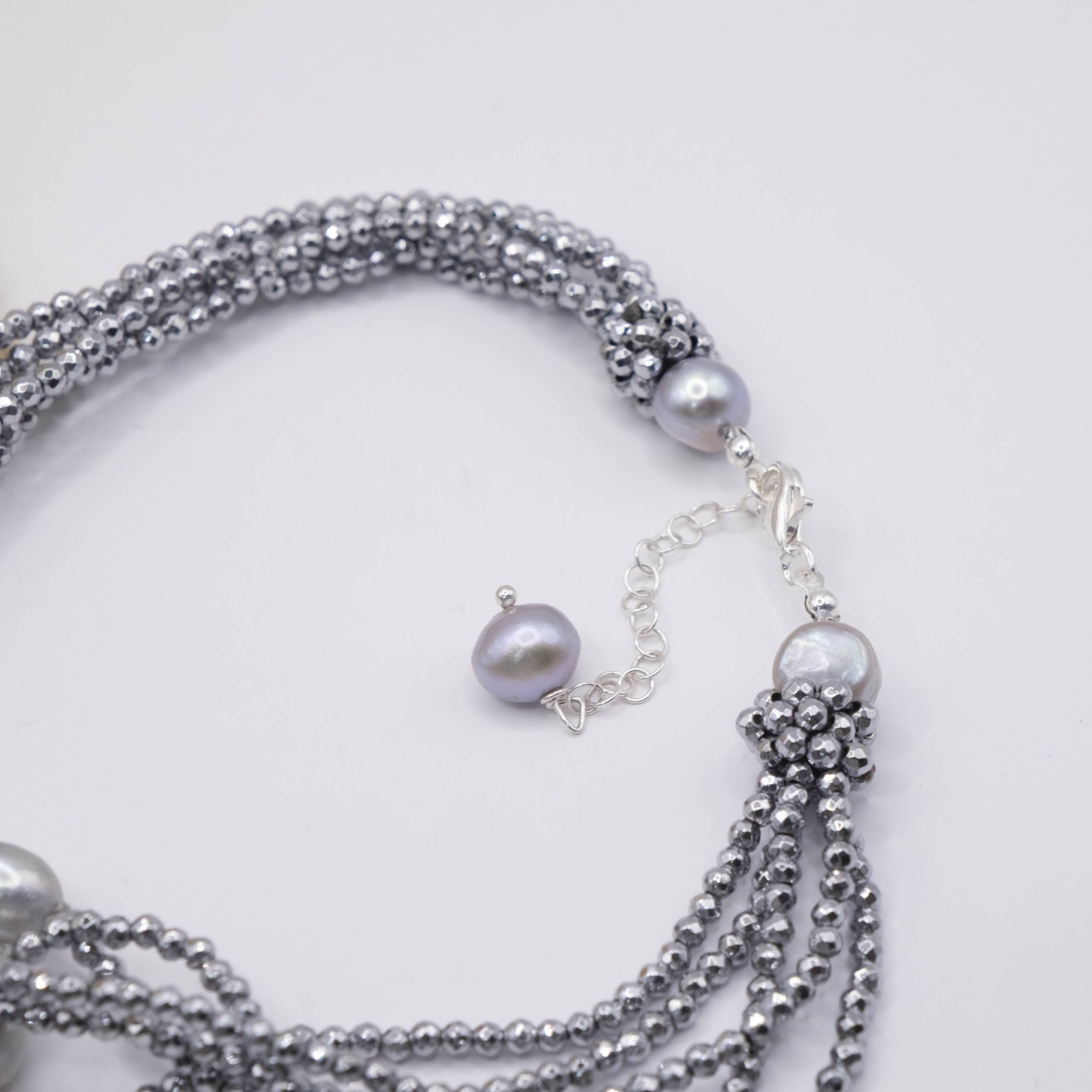 Collana Multifilo Perle Grigie Acquamarina Quarzo Ematite e Argento (9)