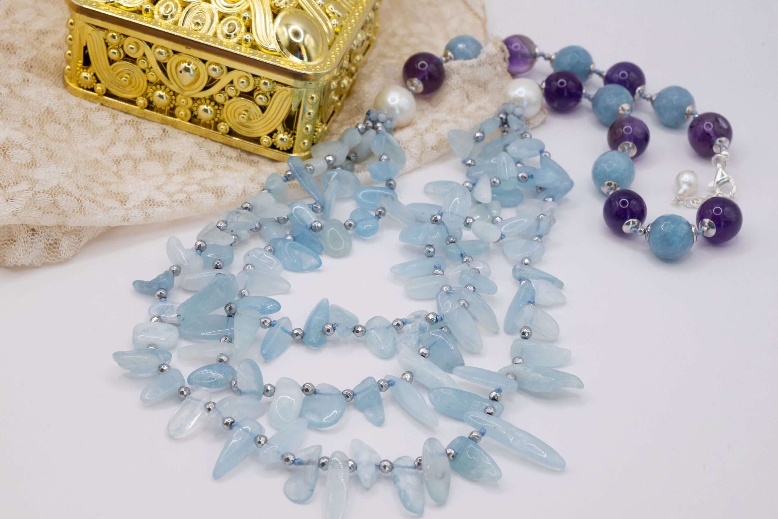 Collana Multifilo Perle Naturali Aquamarina e Ametista (1)