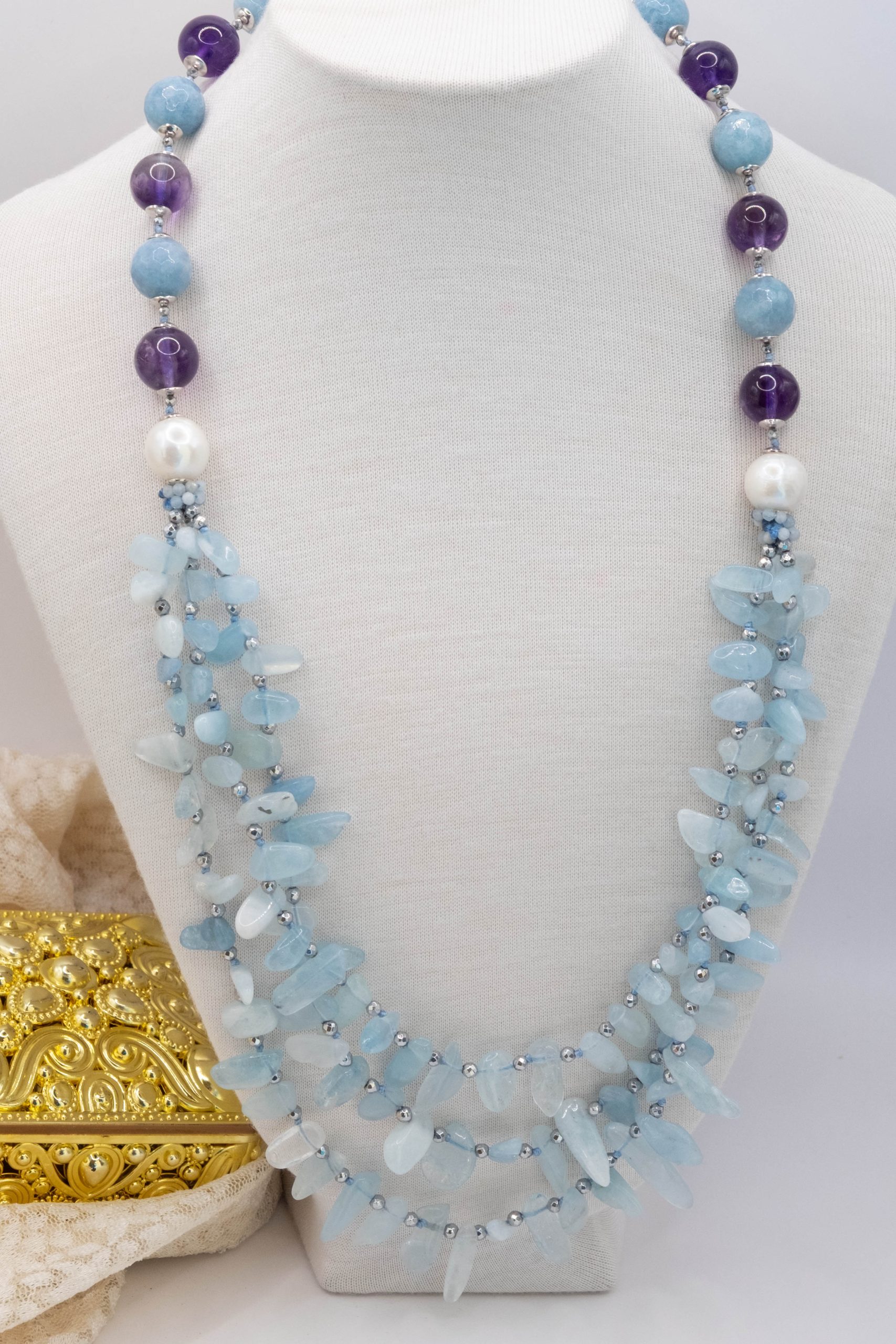 Collana Multifilo Perle Naturali Aquamarina e Ametista (2)