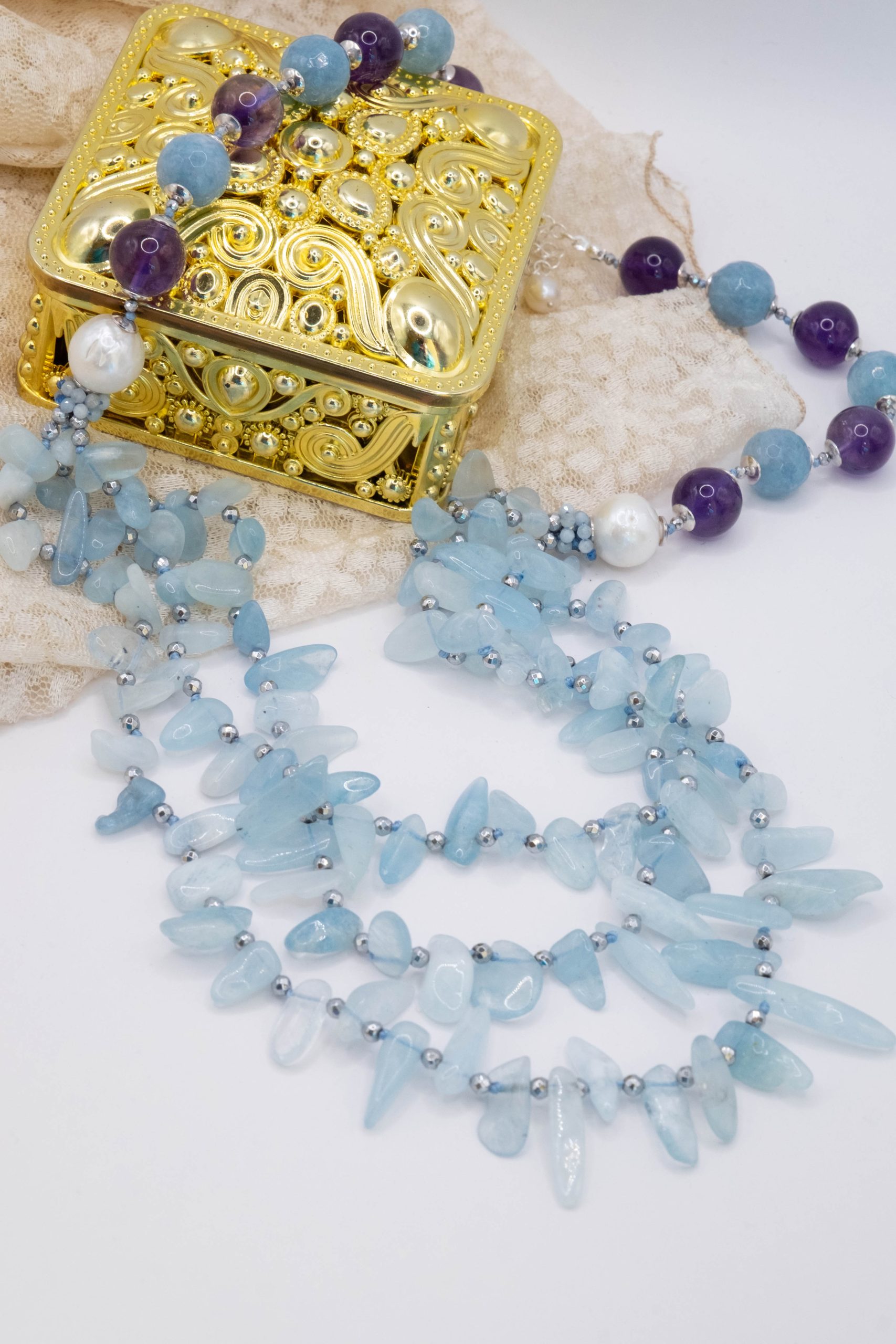Collana Multifilo Perle Naturali Aquamarina e Ametista (3)