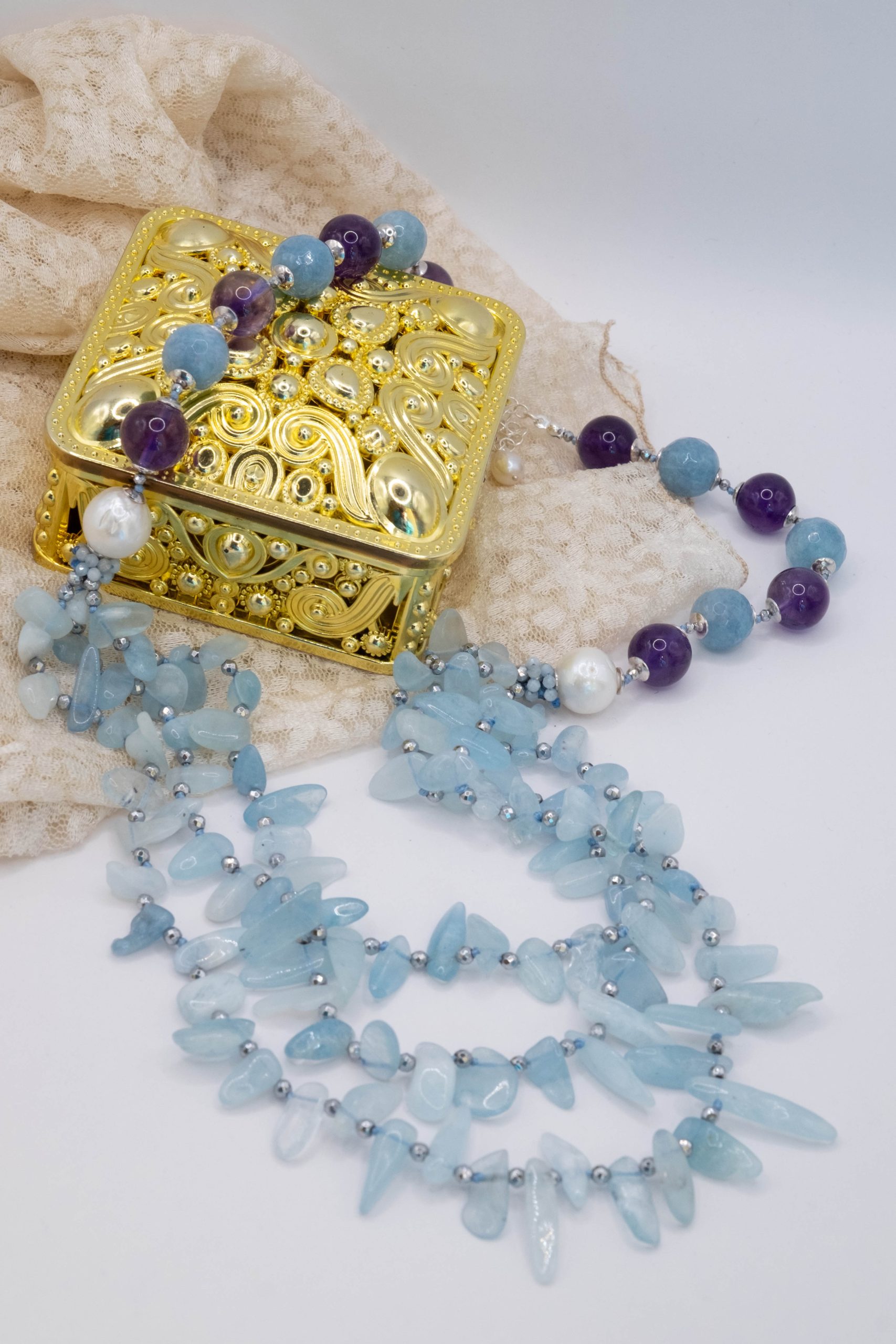 Collana Multifilo Perle Naturali Aquamarina e Ametista (4)