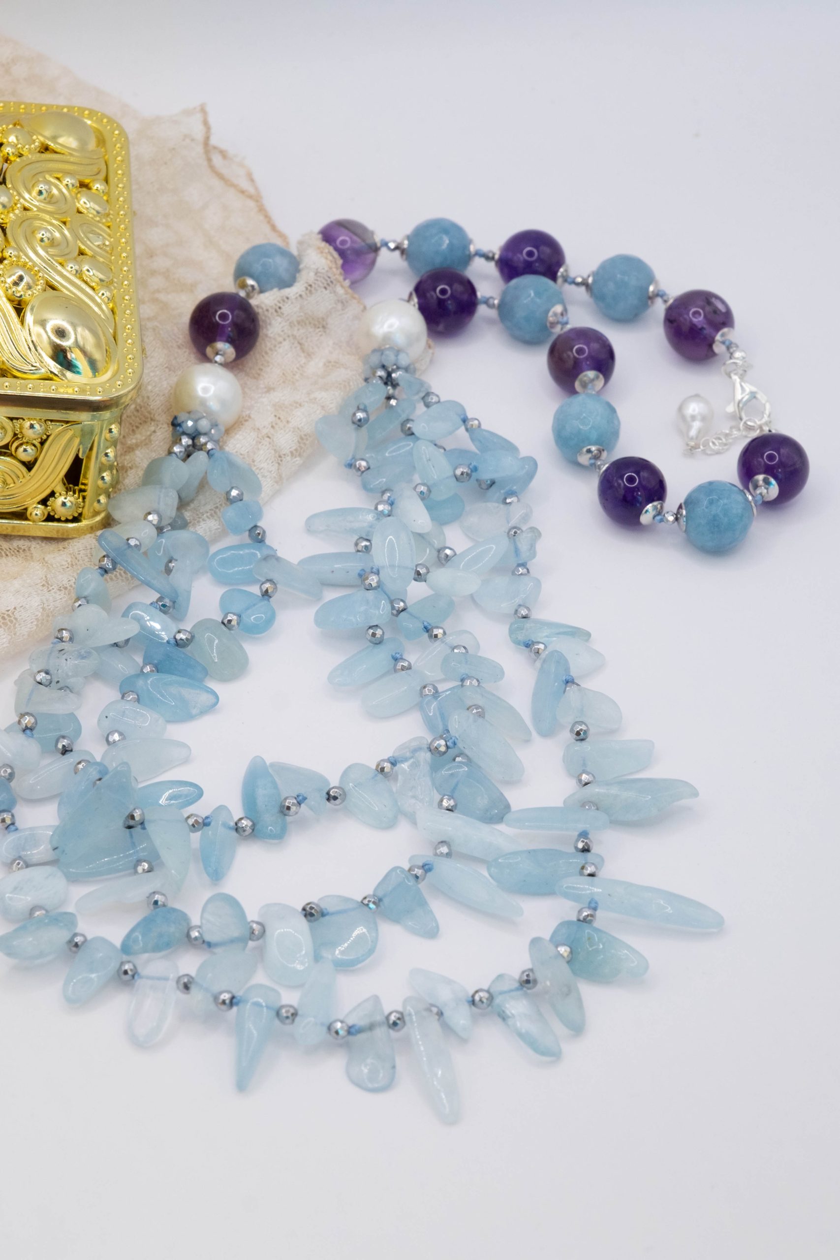 Collana Multifilo Perle Naturali Aquamarina e Ametista (6)