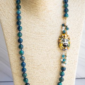 Collana Siciliana Testa di Moro in Ceramica con Azzurrite e Perle