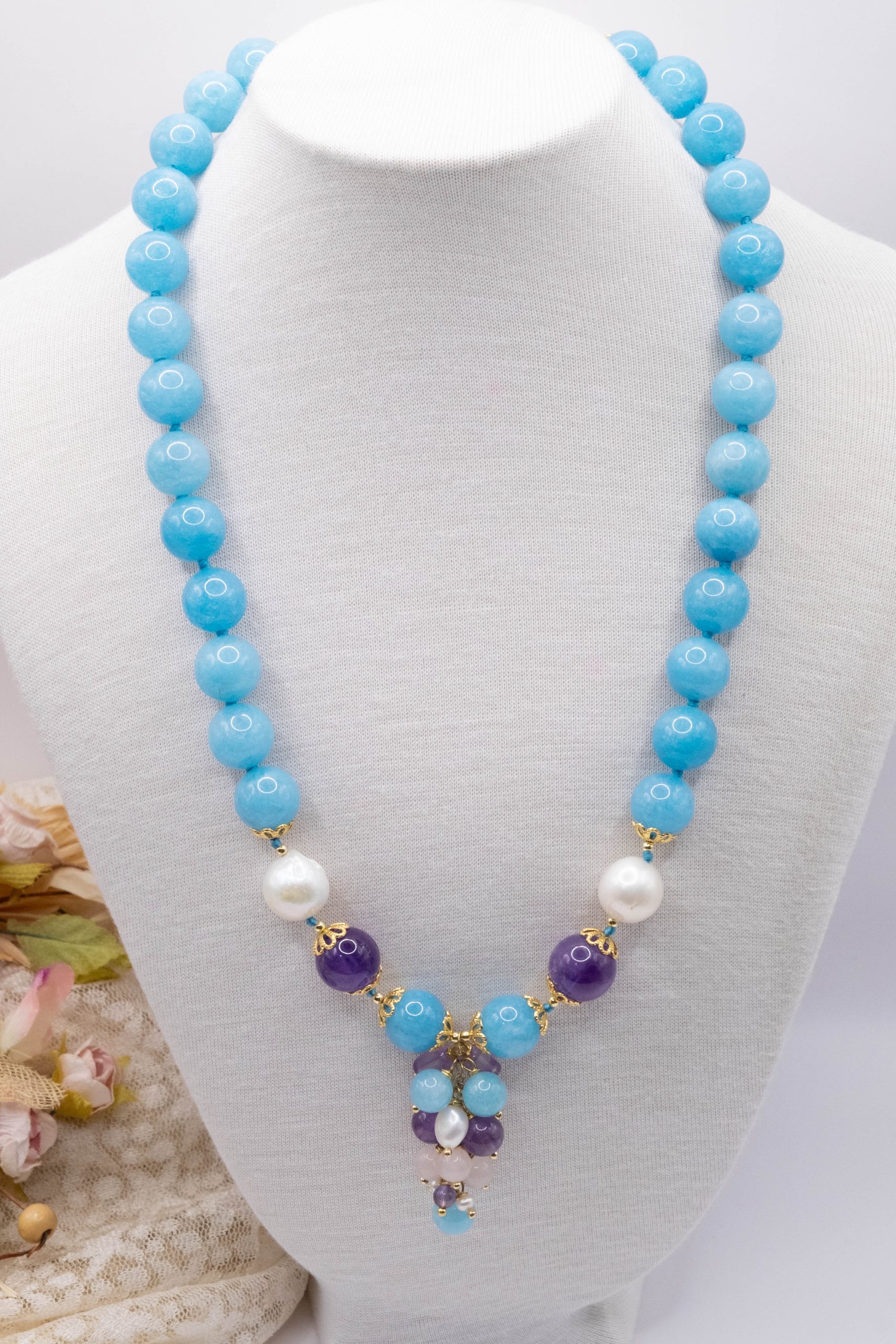 Collana girocollo Angelite Perle Ametista e Argento (2)