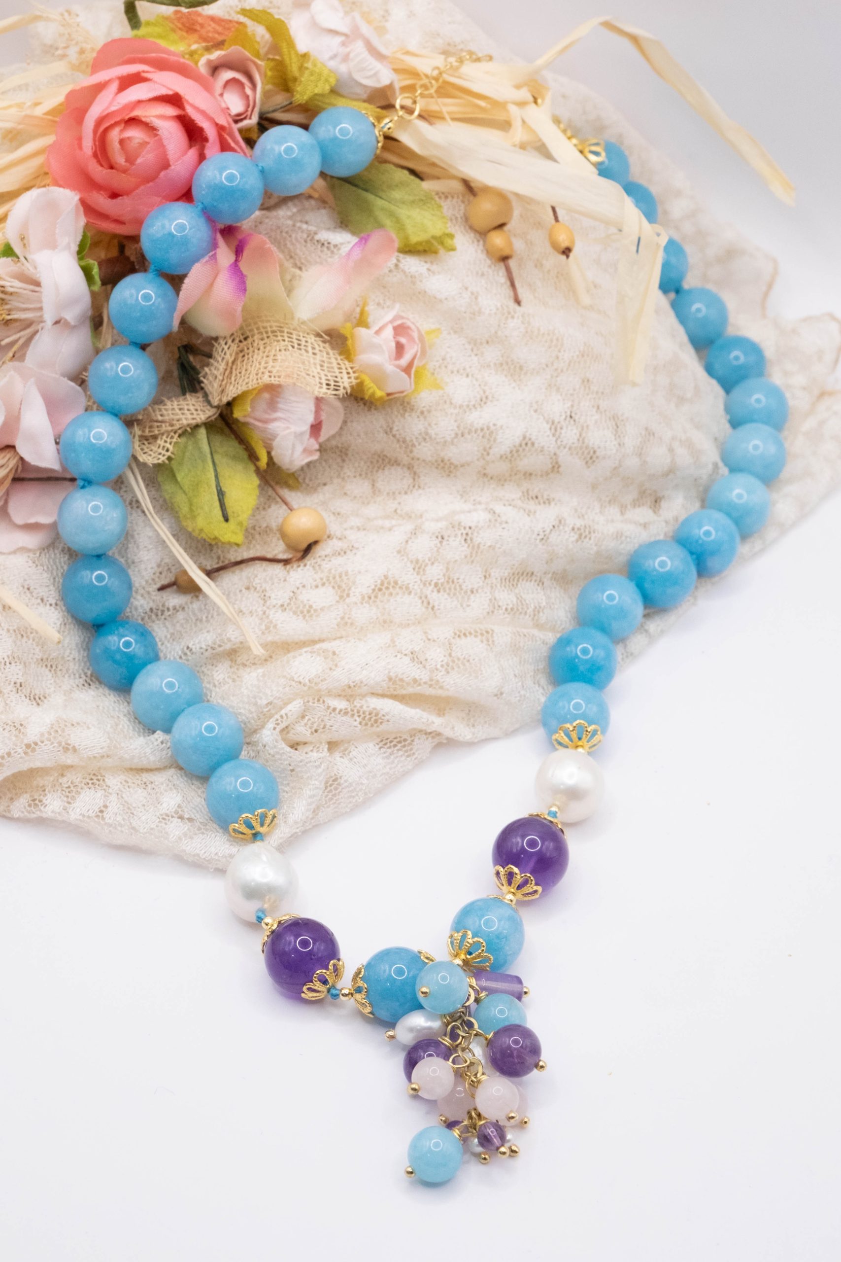 Collana girocollo Angelite Perle Ametista e Argento (3)