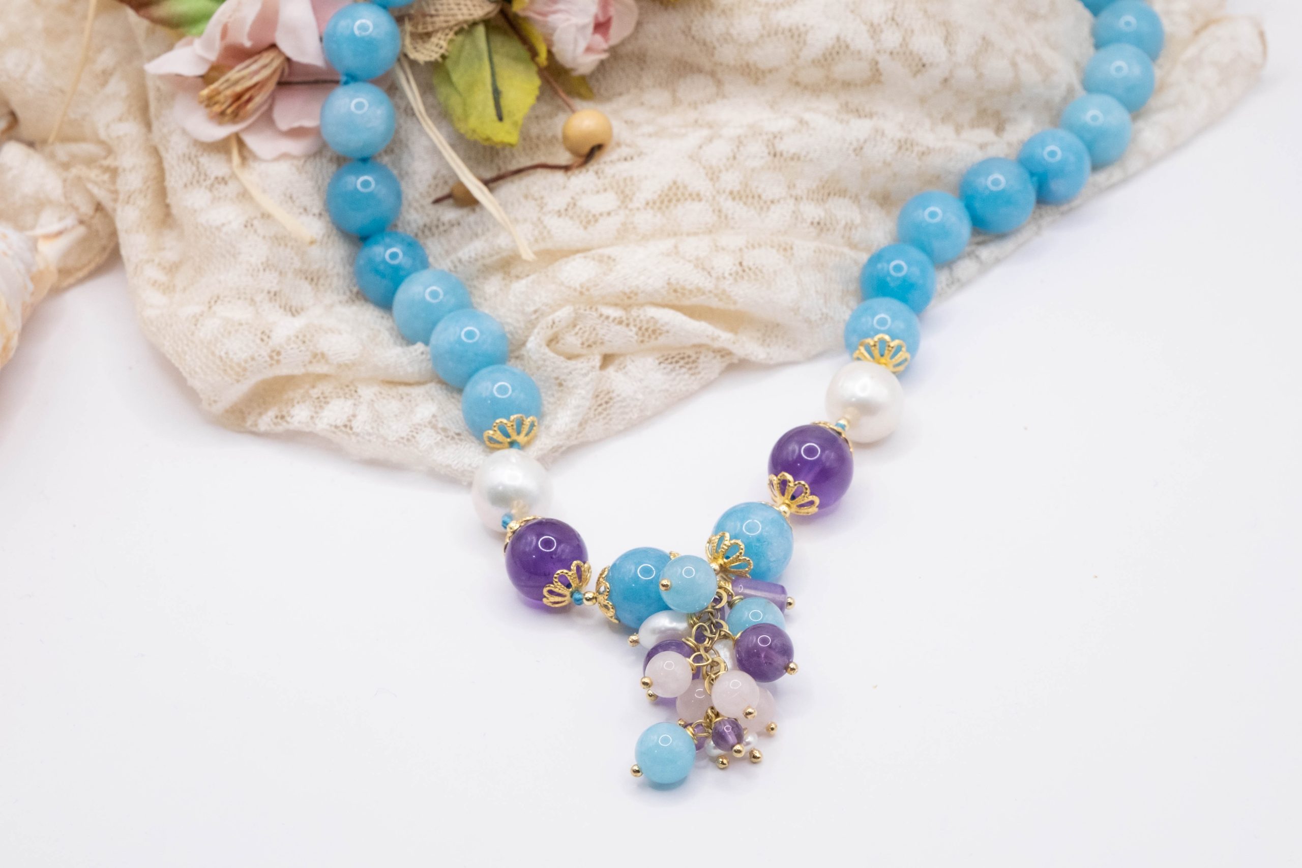 Collana girocollo Angelite Perle Ametista e Argento (4)