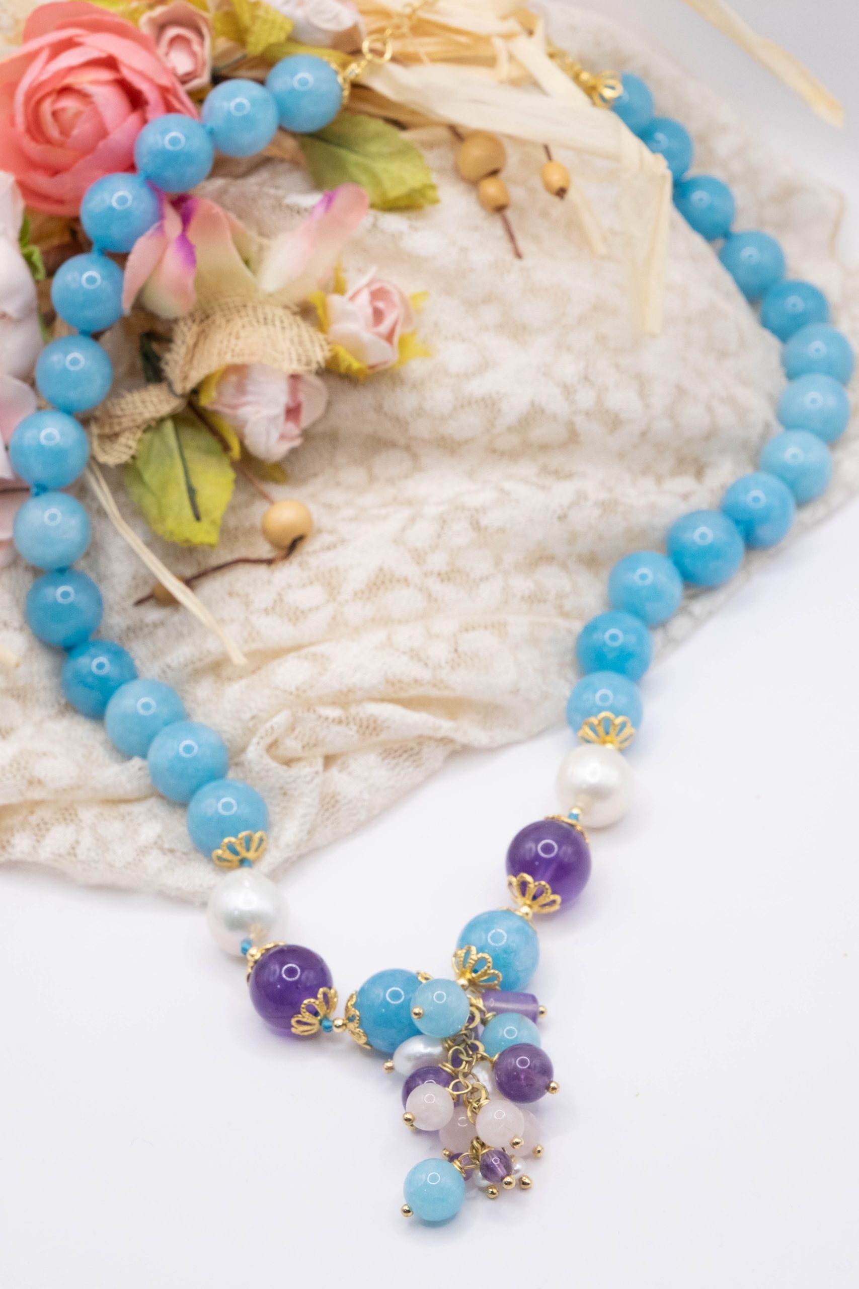 Collana girocollo Angelite Perle Ametista e Argento (5)