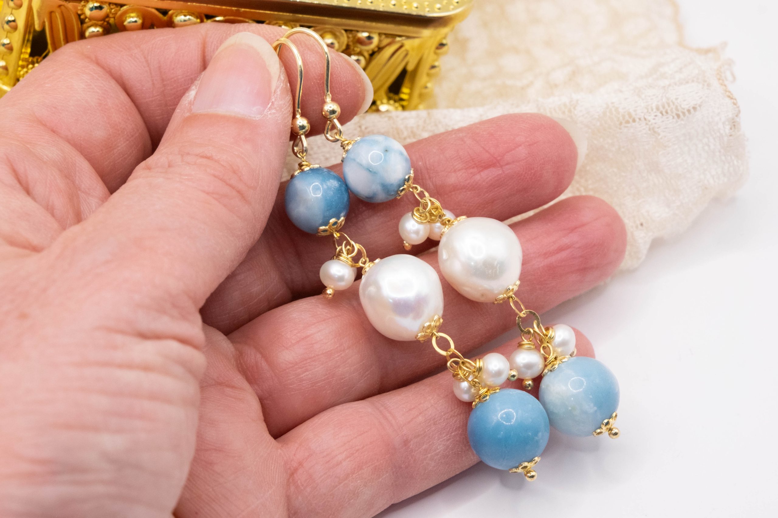 ORECCHINI ARGENTO LARIMAR E PERLE GRAPPOLI LUNGHI (2)