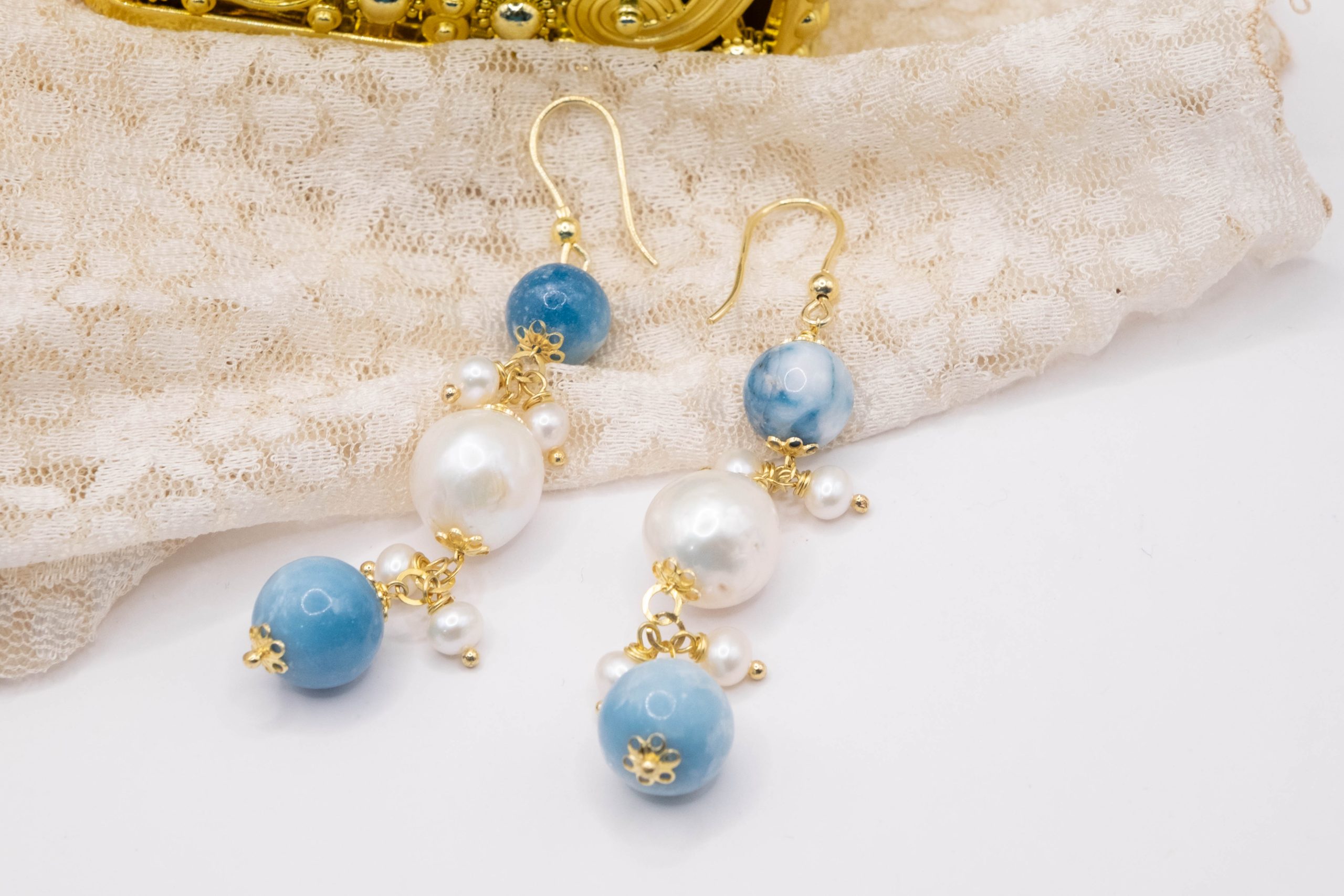 ORECCHINI ARGENTO LARIMAR E PERLE GRAPPOLI LUNGHI (3)