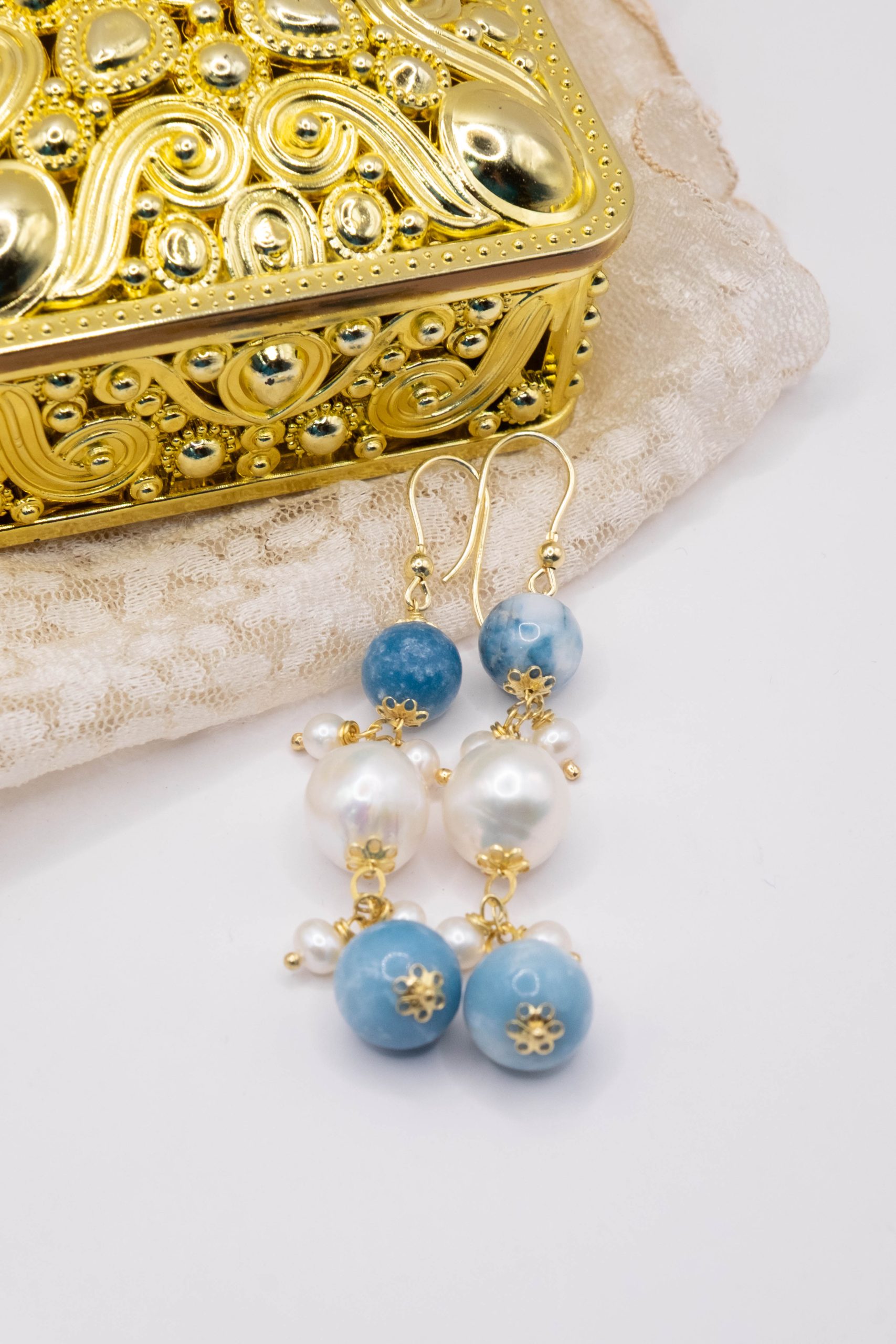 ORECCHINI ARGENTO LARIMAR E PERLE GRAPPOLI LUNGHI (5)