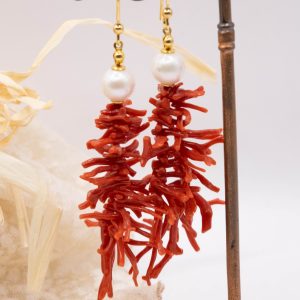 Orecchini corallo rosso a rametti perle e argento 925 dorato